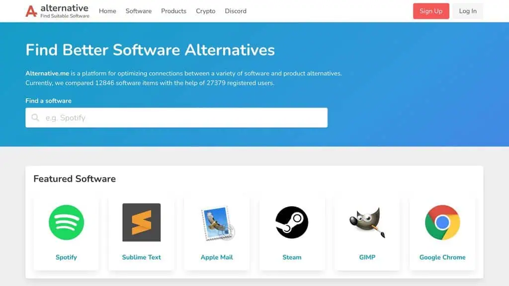 Alternative Me homepage showing AI directory listing