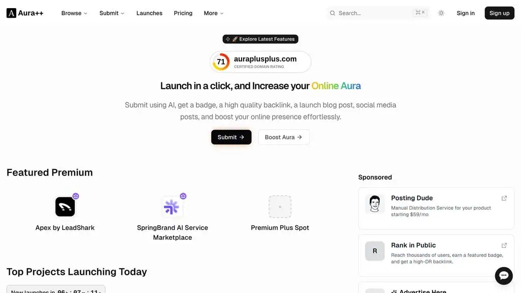 Aura ++ homepage showing AI directory listing