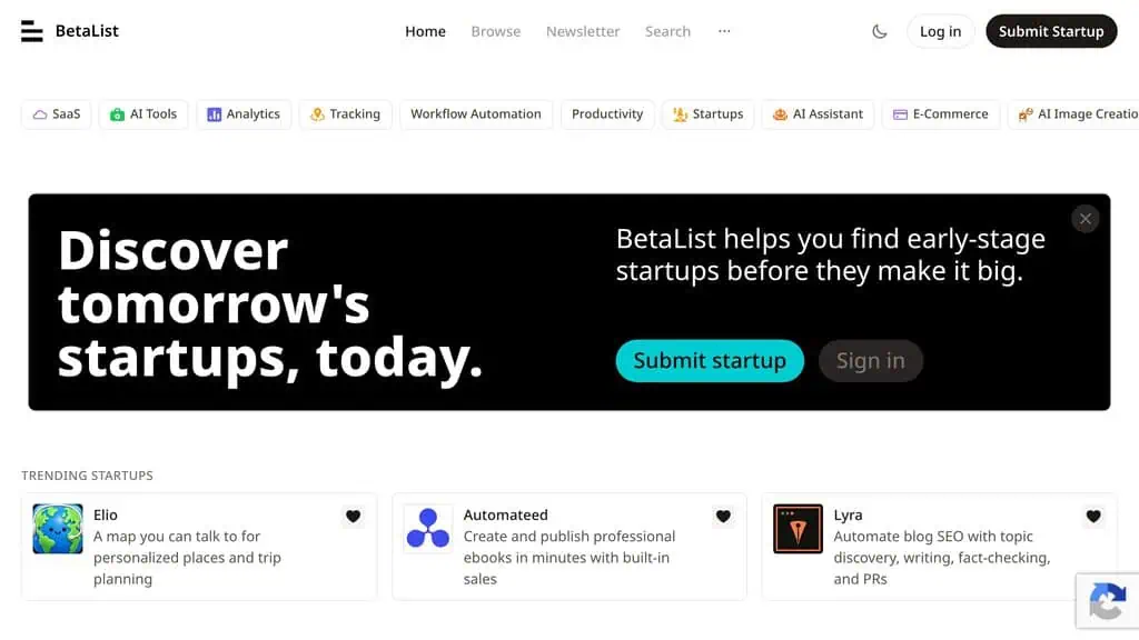 Beta List homepage showing AI directory listing
