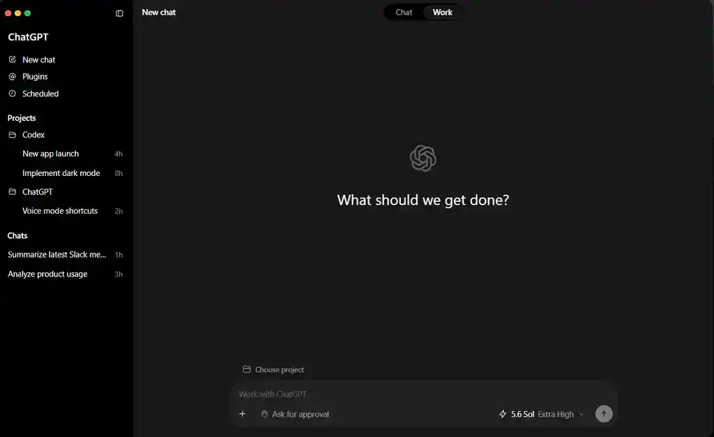ChatGPT Work mode sidebar with Codex projects and delegated engineering tasks