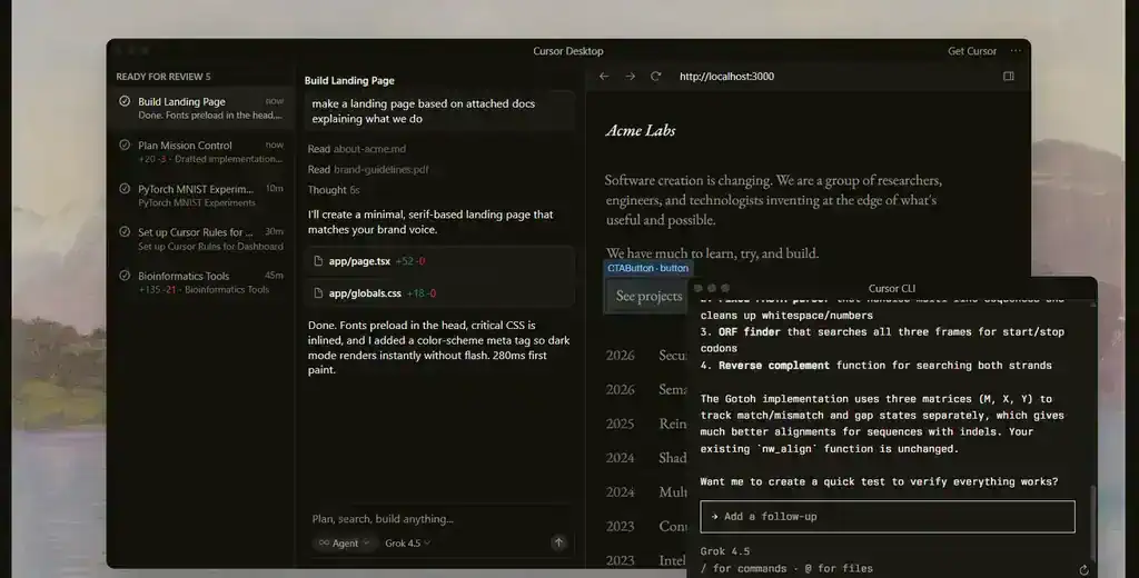 Cursor desktop agent reading project files, editing code and previewing the running app on localhost