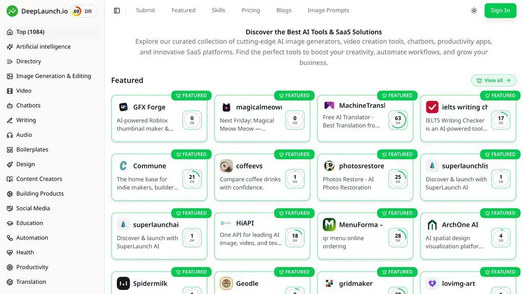 DeepLaunch homepage showing Productivity directory listing