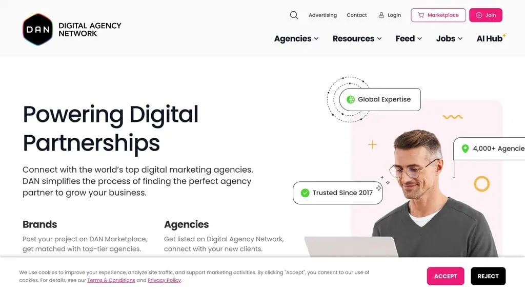Digital Agency Network homepage showing Digital Marketing Agencies directory listing
