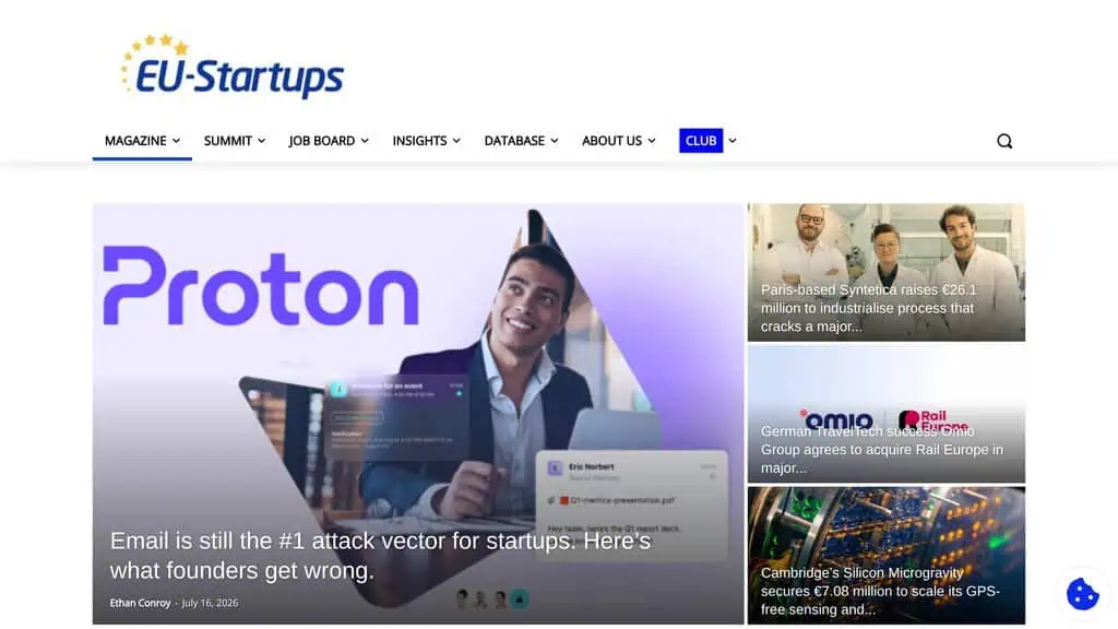 Eu Startups homepage showing Business & Finance directory listing