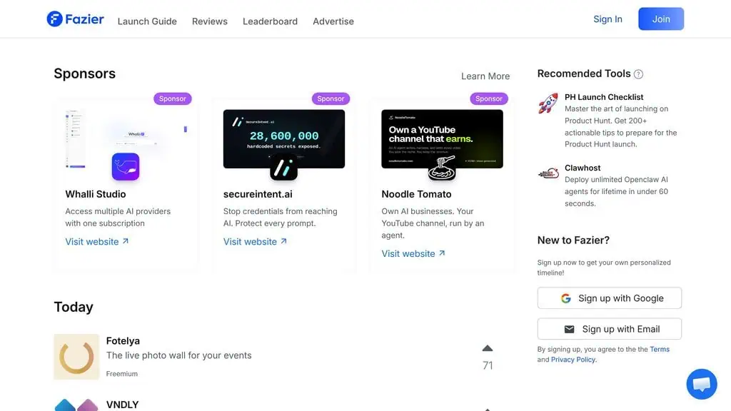Fazier homepage showing AI directory listing