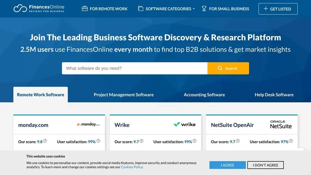 FinancesOnline homepage showing AI directory listing