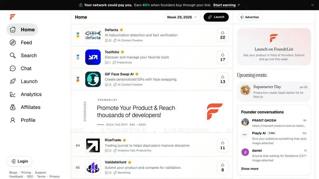 FoundrList homepage showing Productivity directory listing