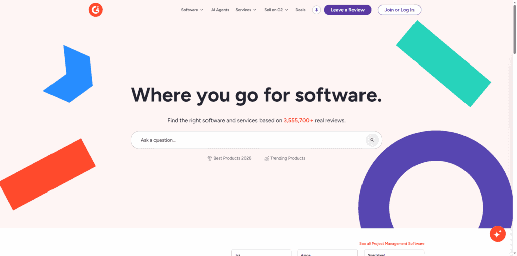 G2 homepage showing AI directory listing
