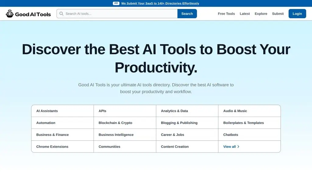 Good AI Tools homepage showing Productivity directory listing