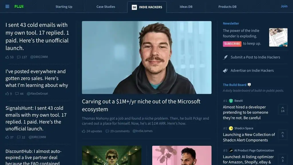 Indie Hackers homepage showing AI directory listing