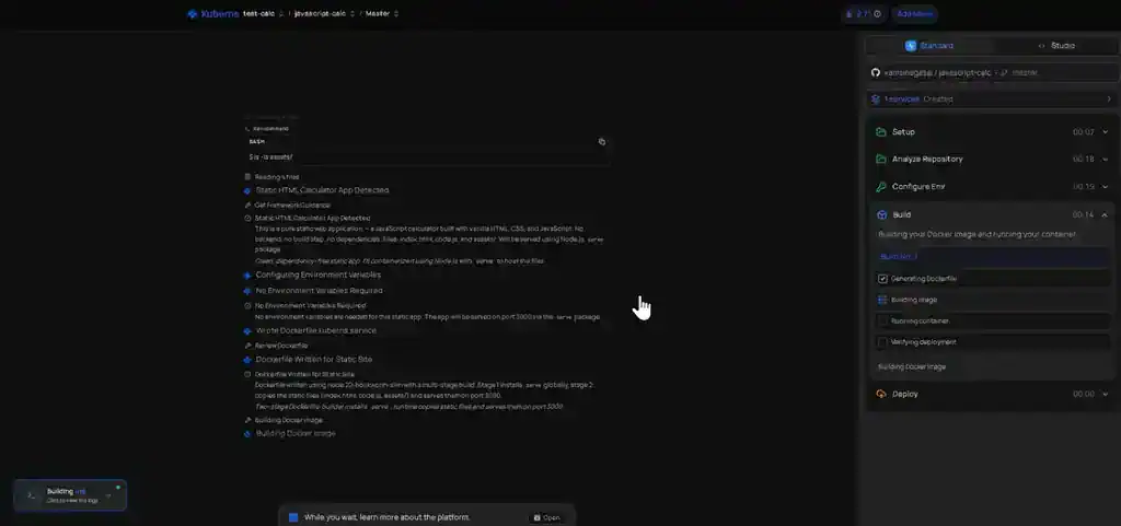 Kuberns deployment agent analyzing the repository, generating a Dockerfile and running the build steps