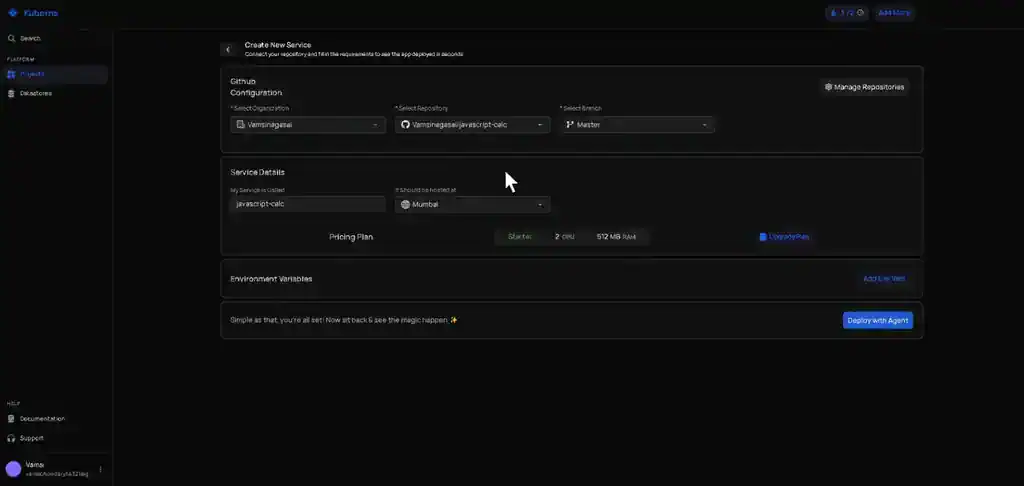 Kuberns create-new-service screen connecting a GitHub repository, branch, region and environment variables