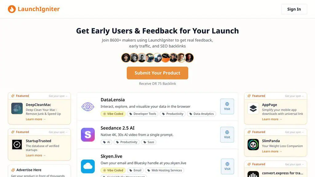 LaunchIgniter homepage showing Launch Platforms directory listing