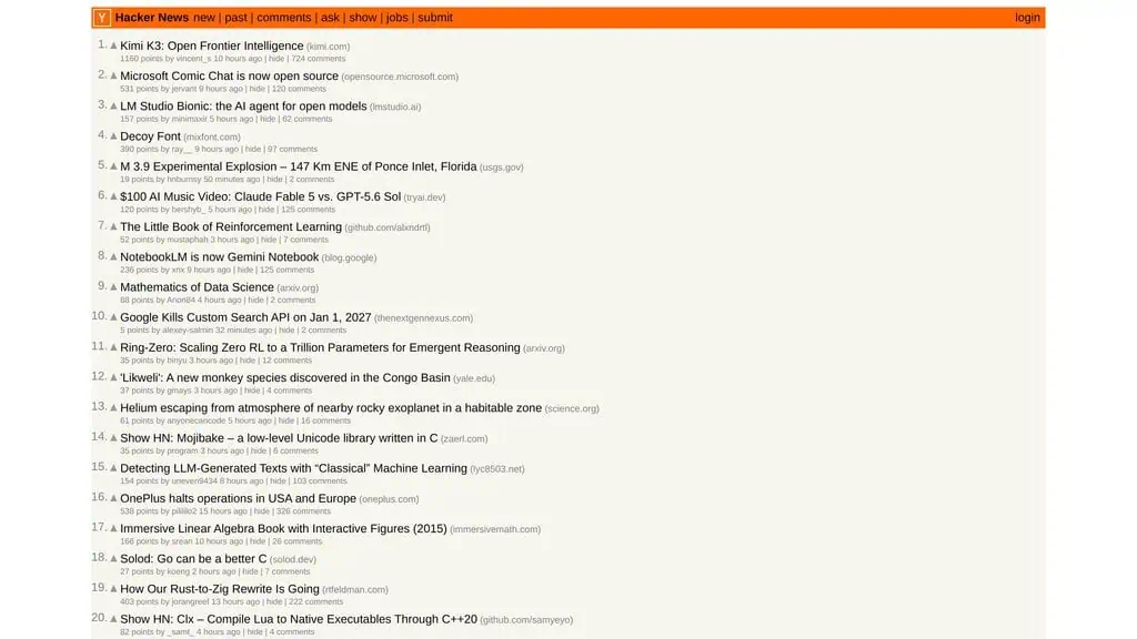 Hacker News homepage showing AI directory listing