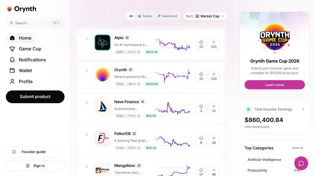 Orynth homepage showing AI directory listing