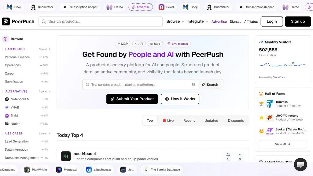 PeerPush homepage showing AI directory listing