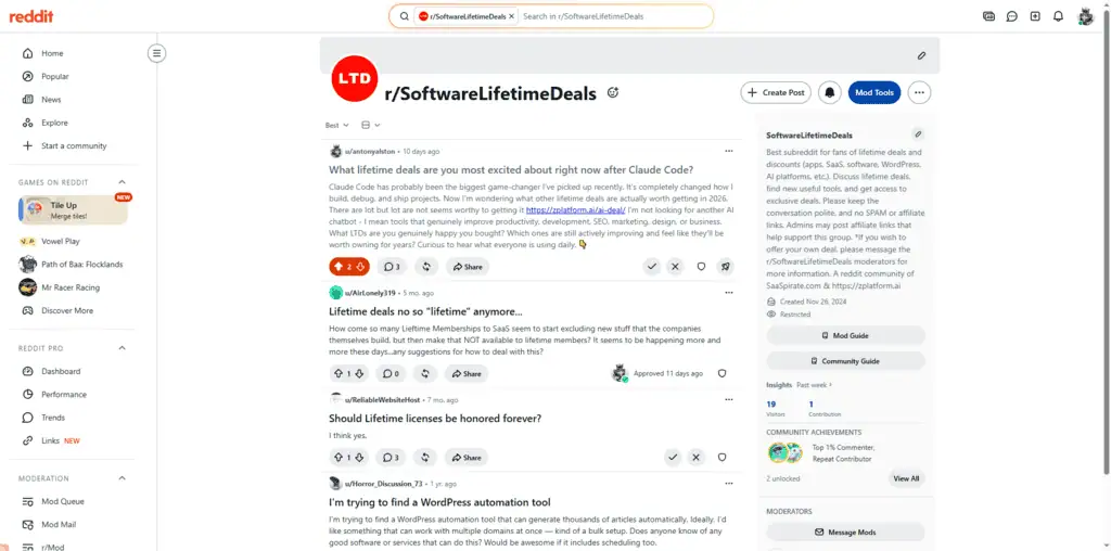 Reddit homepage showing Business & Finance directory listing