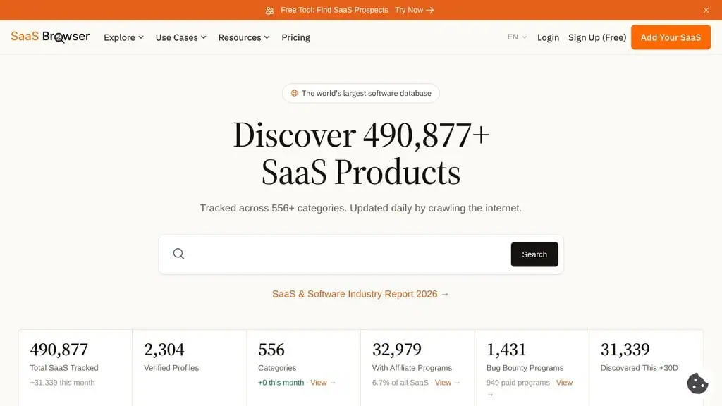 SaaS Browser homepage showing Business & Finance directory listing