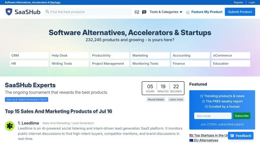 SaasHub homepage showing SaaS directory listing
