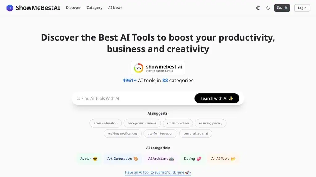 ShowMeBestAI homepage showing AI directory listing