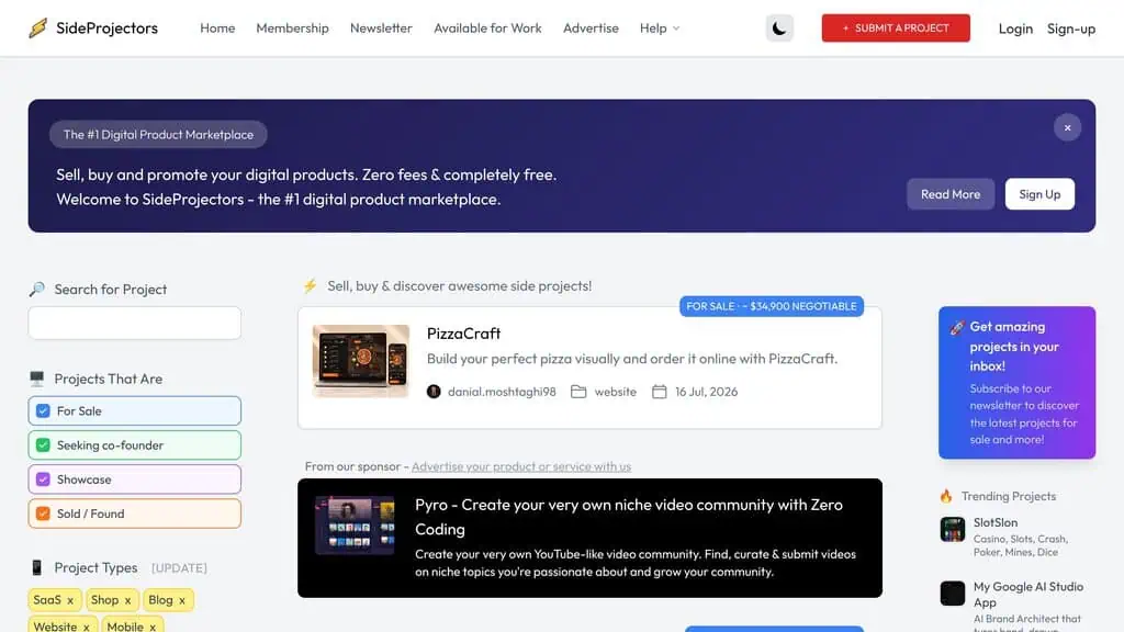 SideProjectors homepage showing AI directory listing