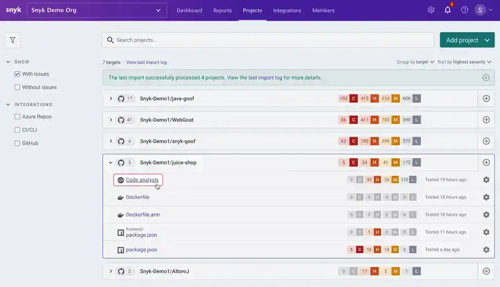 Snyk projects dashboard showing code analysis and dependency vulnerabilities grouped by severity