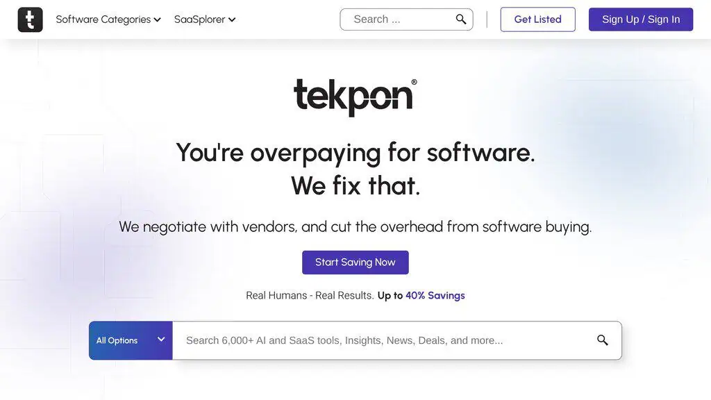 Tekpon homepage showing AI directory listing