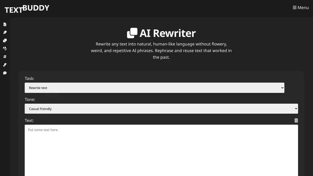 Textbuddy AI Rewriter tool interface