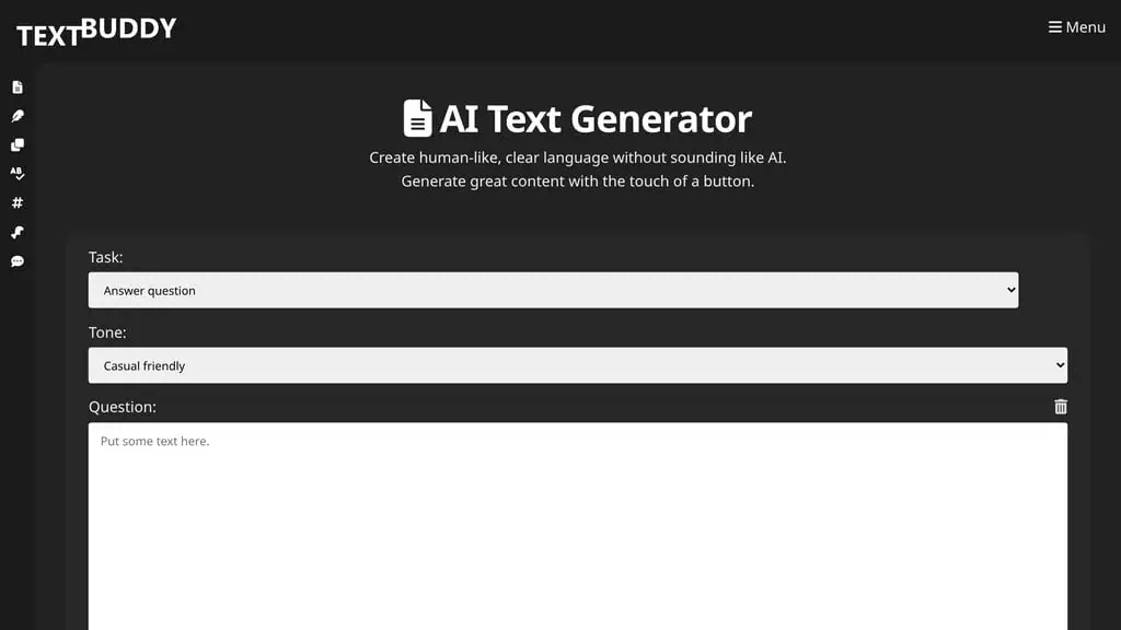 Textbuddy AI Text Generator with task, tone and language dropdowns