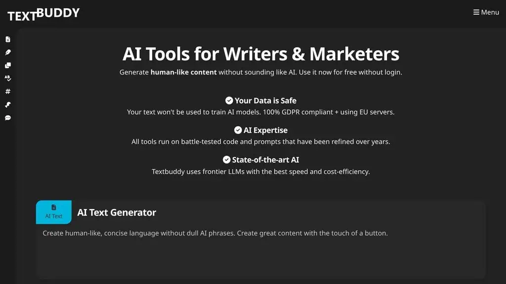 Textbuddy homepage listing 17 free AI writing tools for writers and marketers