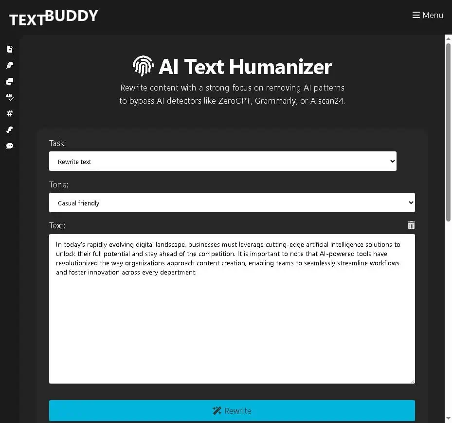 Textbuddy AI Text Humanizer showing the rewritten result panel