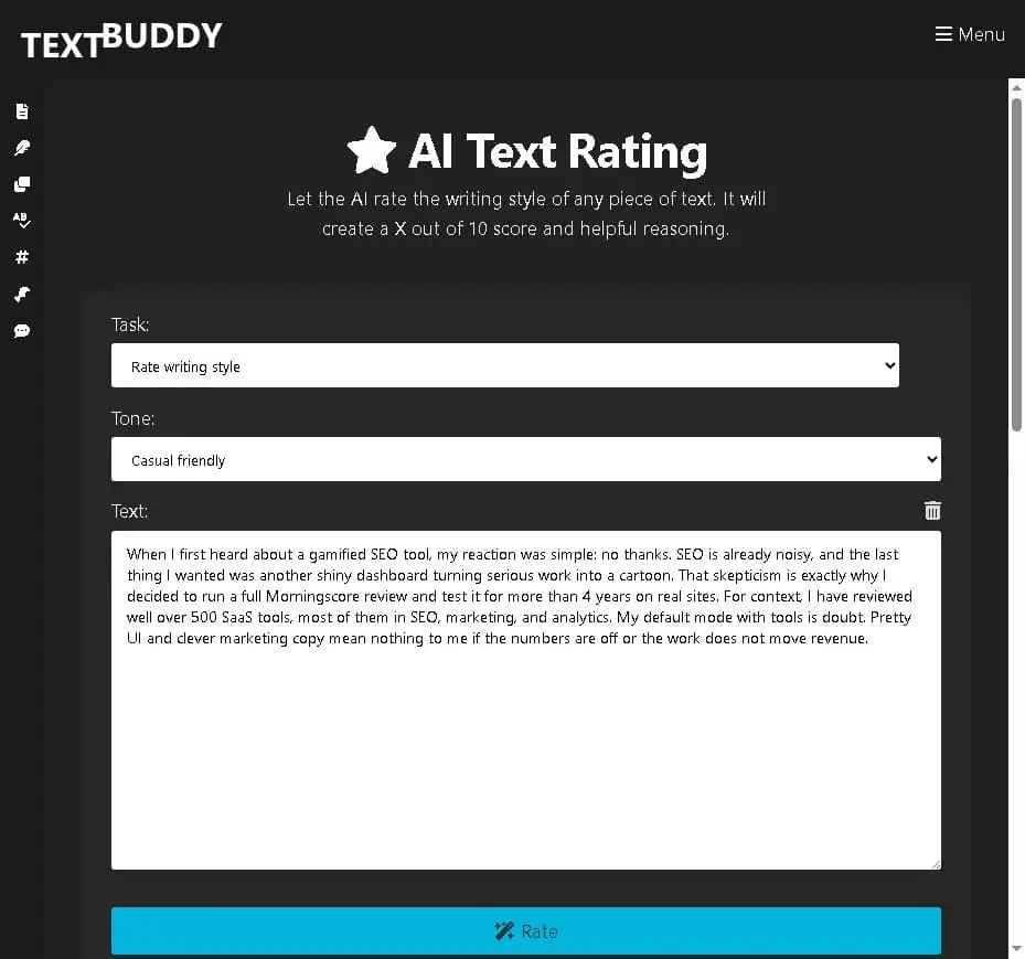 Textbuddy AI Writing Style Rater giving a 7 out of 10 score with reasoning