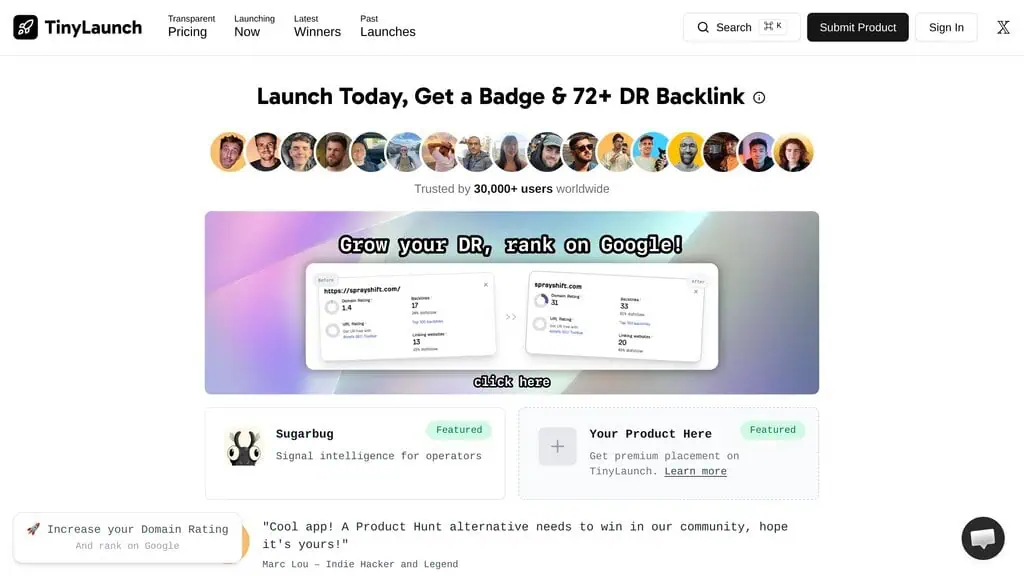 TinyLaunch homepage showing AI directory listing