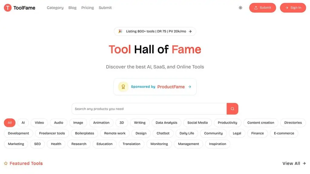 ToolFame homepage showing SaaS directory listing