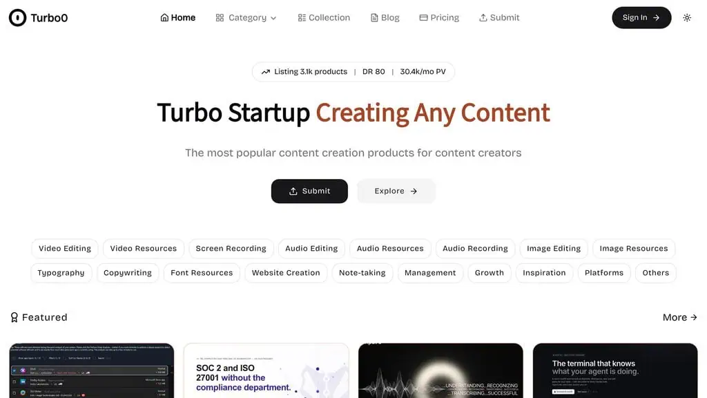 Turbo0 homepage showing AI directory listing