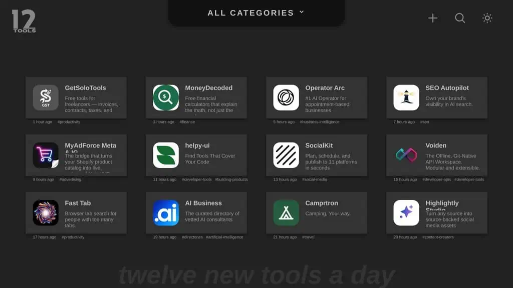Twelve Tools homepage showing AI directory listing