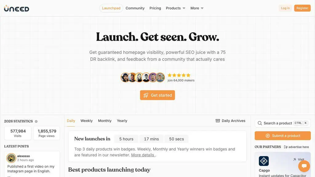Uneed Best homepage showing Launch Platforms directory listing