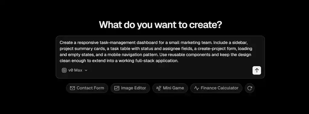 v0 prompt asking for a responsive task-management dashboard with sidebar, summary cards and a create-project form