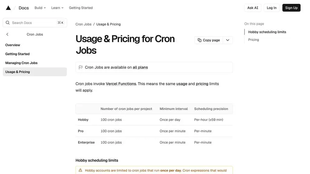Vercel cron jobs pricing docs showing Hobby limited to once per day with hourly precision