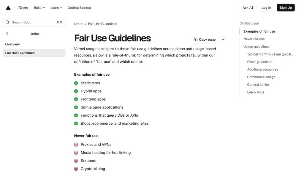 Vercel Fair Use Guidelines page showing the commercial usage definition and examples