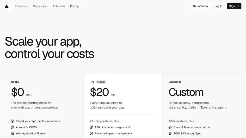 Vercel pricing page showing Hobby at $0, Pro at $20 per month, and Enterprise custom plans