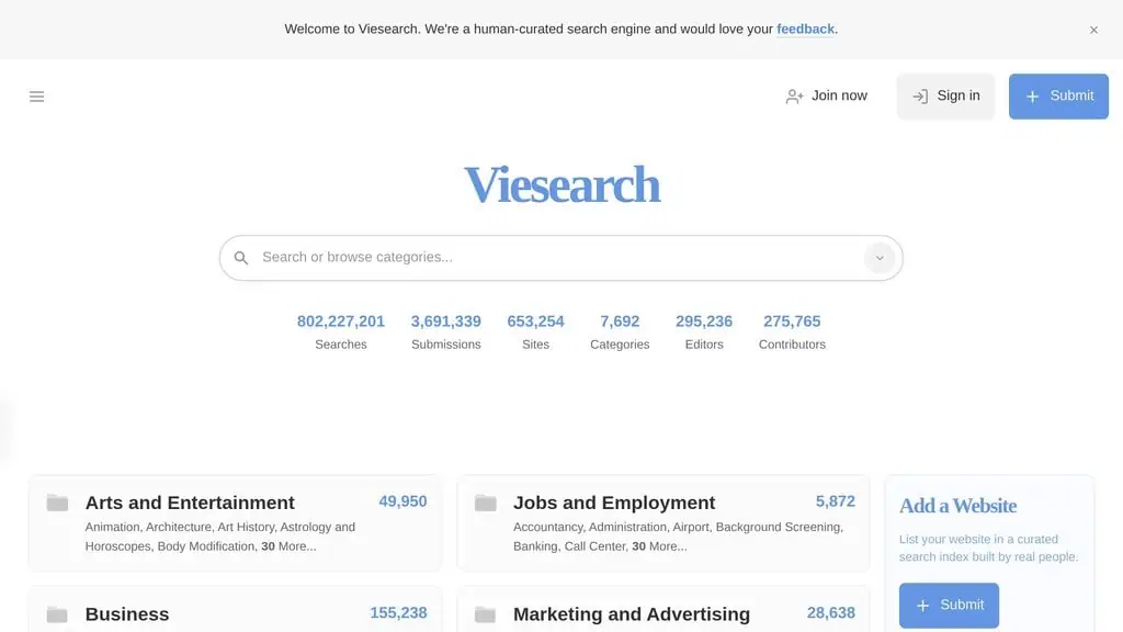 Viesearch homepage showing Business & Finance directory listing