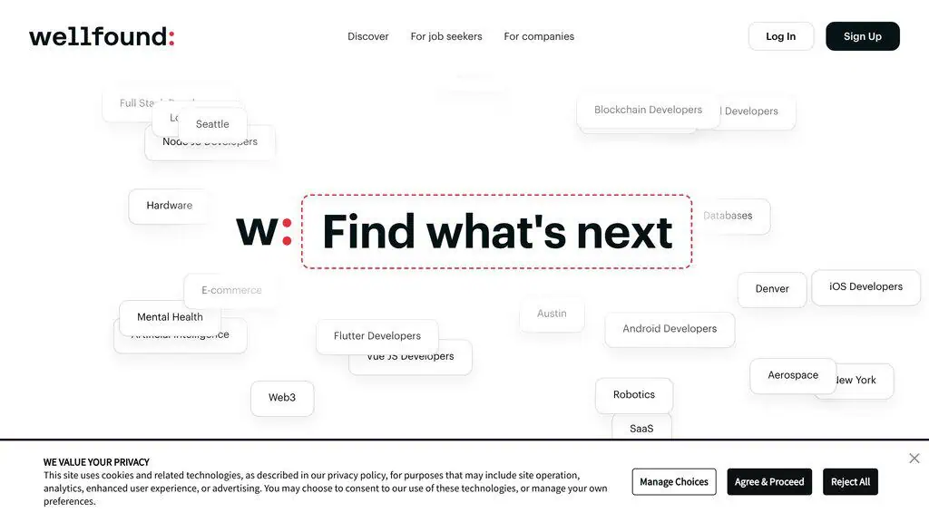 Wellfound homepage showing Startup Job Board & Company Directory directory listing