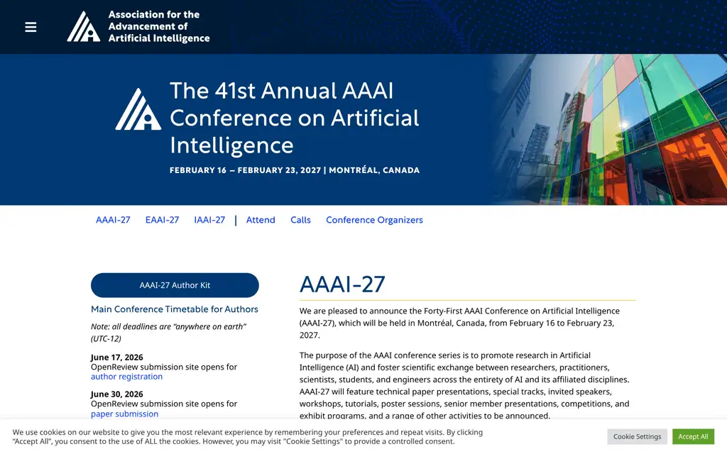 Homepage of the official AAAI-27 website