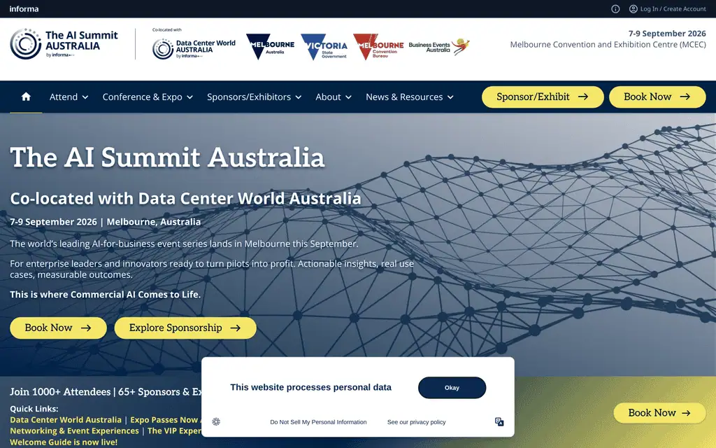 Homepage of the official The AI Summit Australia 2026 website