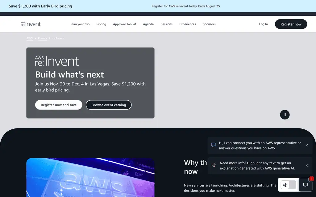 Homepage of the official AWS re website