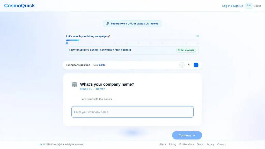 CosmoQuick job posting flow used to publish a role in under 60 seconds