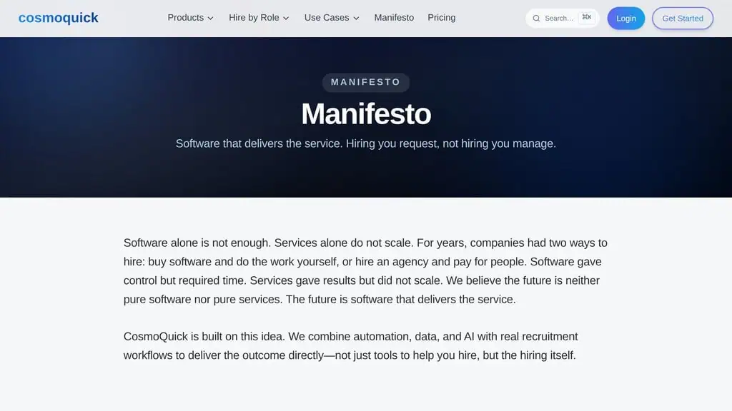 CosmoQuick manifesto page explaining its software-that-delivers-the-service model