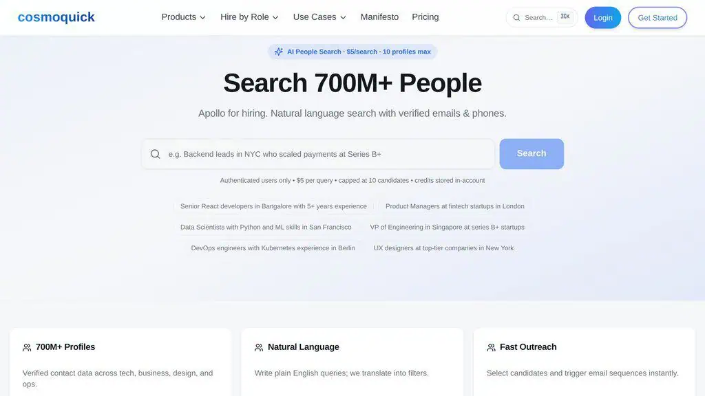 CosmoQuick people search showing 700M profiles at $5 per query capped at 10 candidates