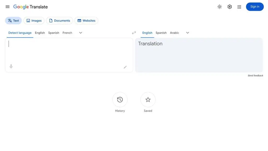 Google Translate web interface with text, image, document and website translation tabs